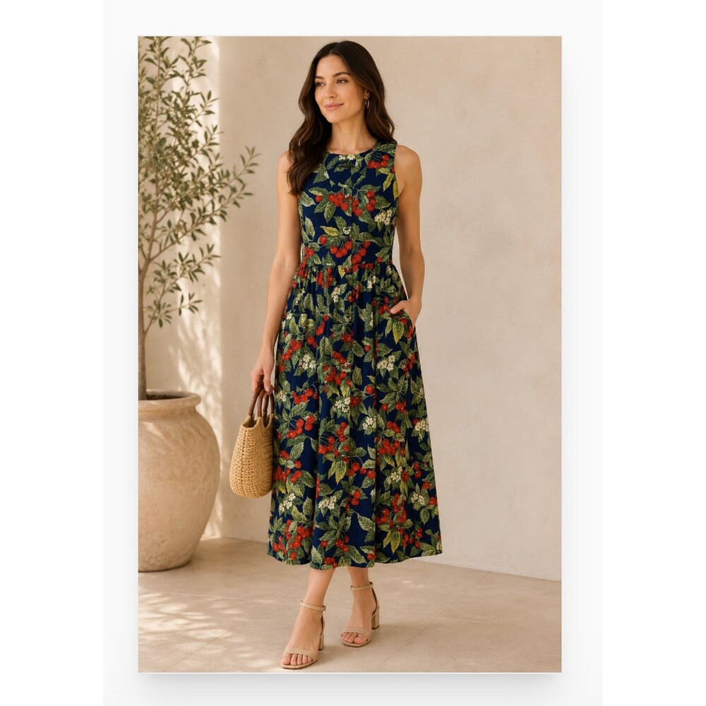 Pineapple Patch Dress Womens XS Blue Cherry Floral Button Midi Sundress